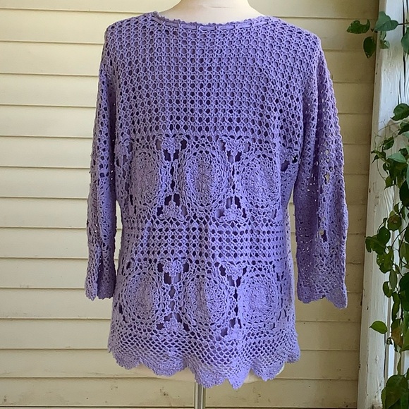 Crochet Open Knit Sweater Women’s L Lavender Purple Roamans Boho Beach Whimsy - Picture 2 of 6